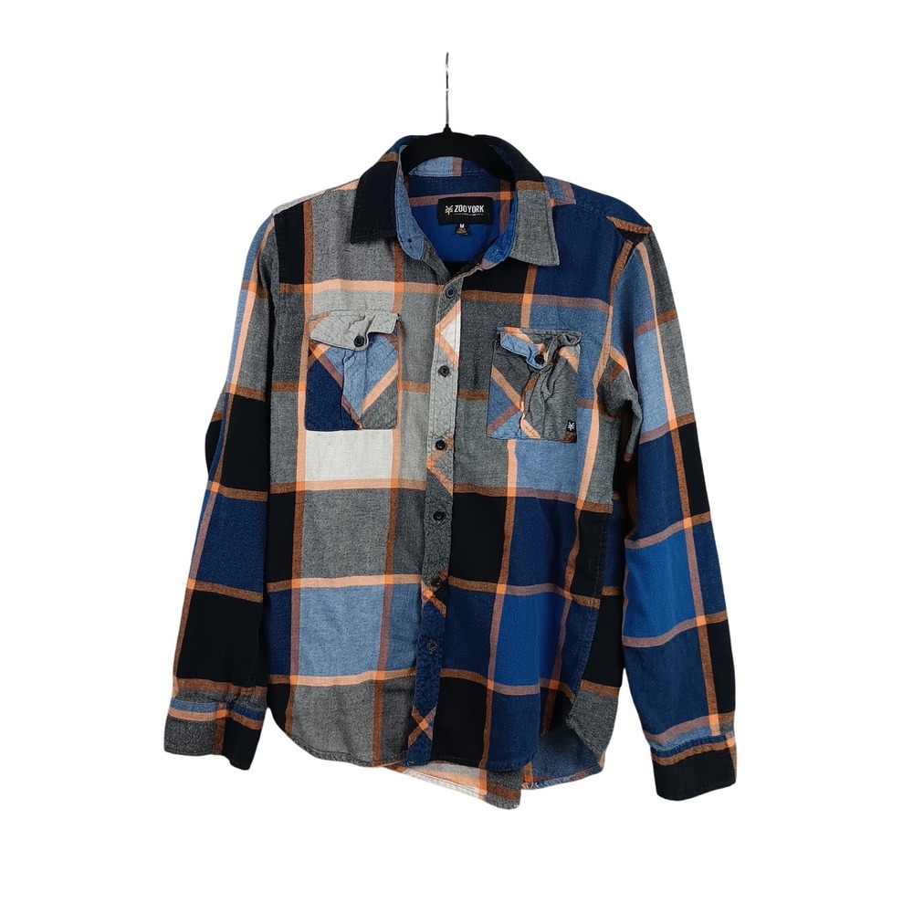 Zoo York Mens Flannel Shirt Long Sleeve Plaid Blue Orange Gray Size‎ M